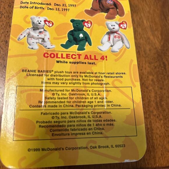McDONALDS TY BEANIE BABY BRITANNIA THE BEAR RARE WITH 2 TAG ERRORS 1993 OAKBROOK - Picture 6 of 7